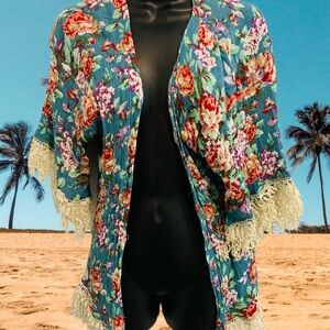 Umgee Vibrant Floral Blue Coverup with Cream Accents